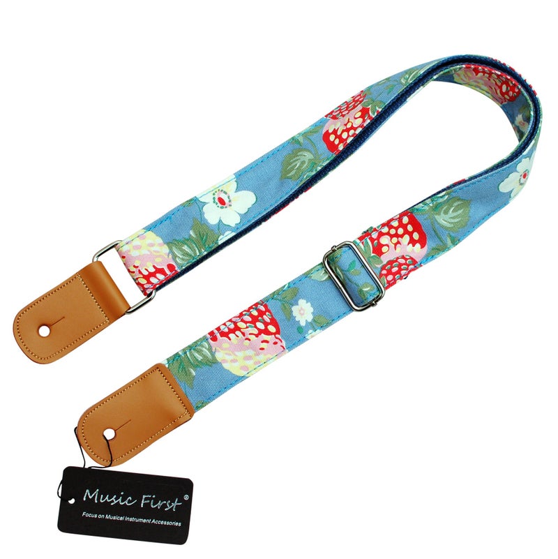 MUSIC FIRST Original Design â€œStrawberry Flowersâ€ Vintage style Soft Canvas & Genuine Leather Ukulele Strap Ukulele Shoulder Strap - Image 3